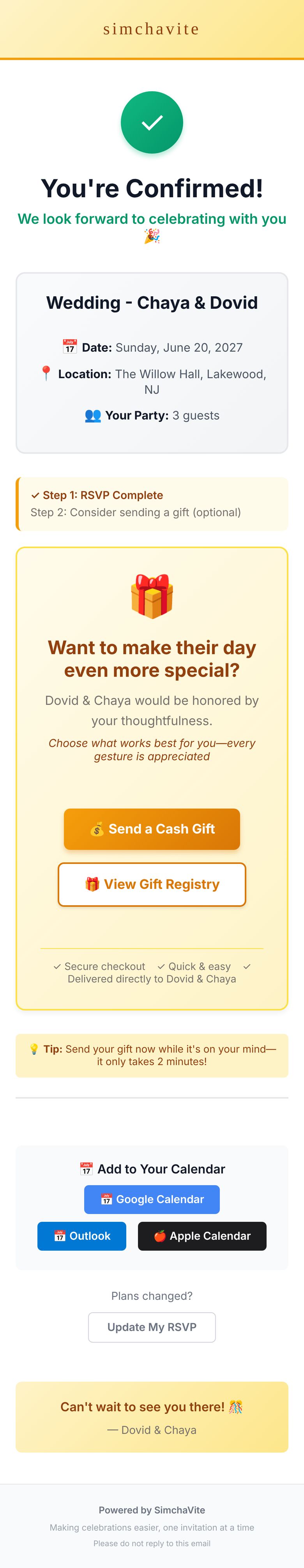 You're Confirmed email with Send a Cash Gift and View Gift Registry