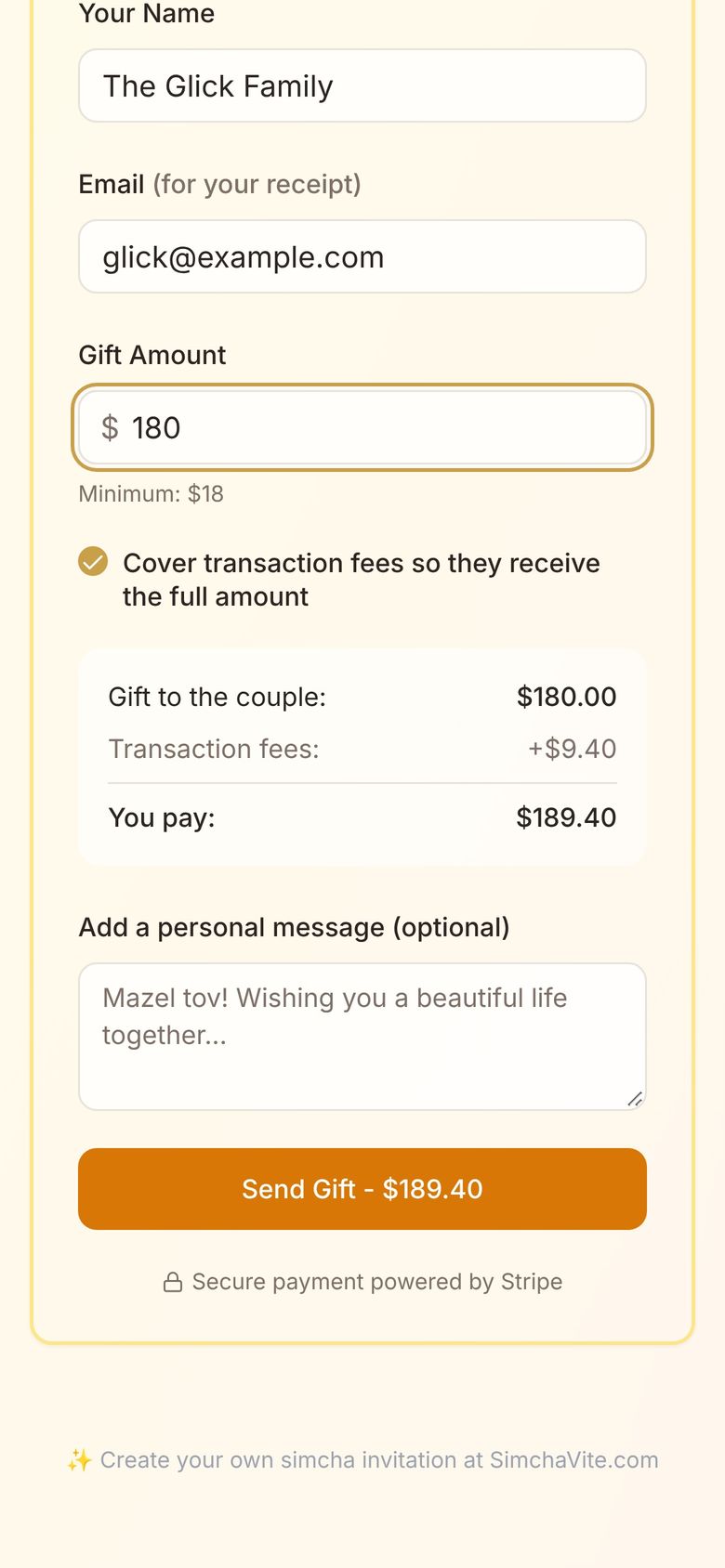 Send a Cash Gift: $180, You pay $189.40