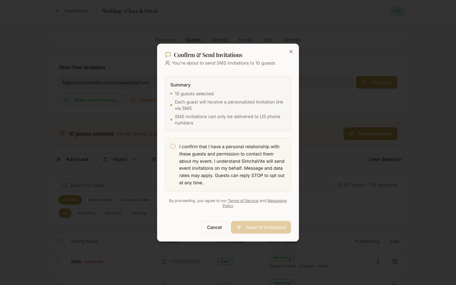 Confirm and Send Invitations to 10 guests