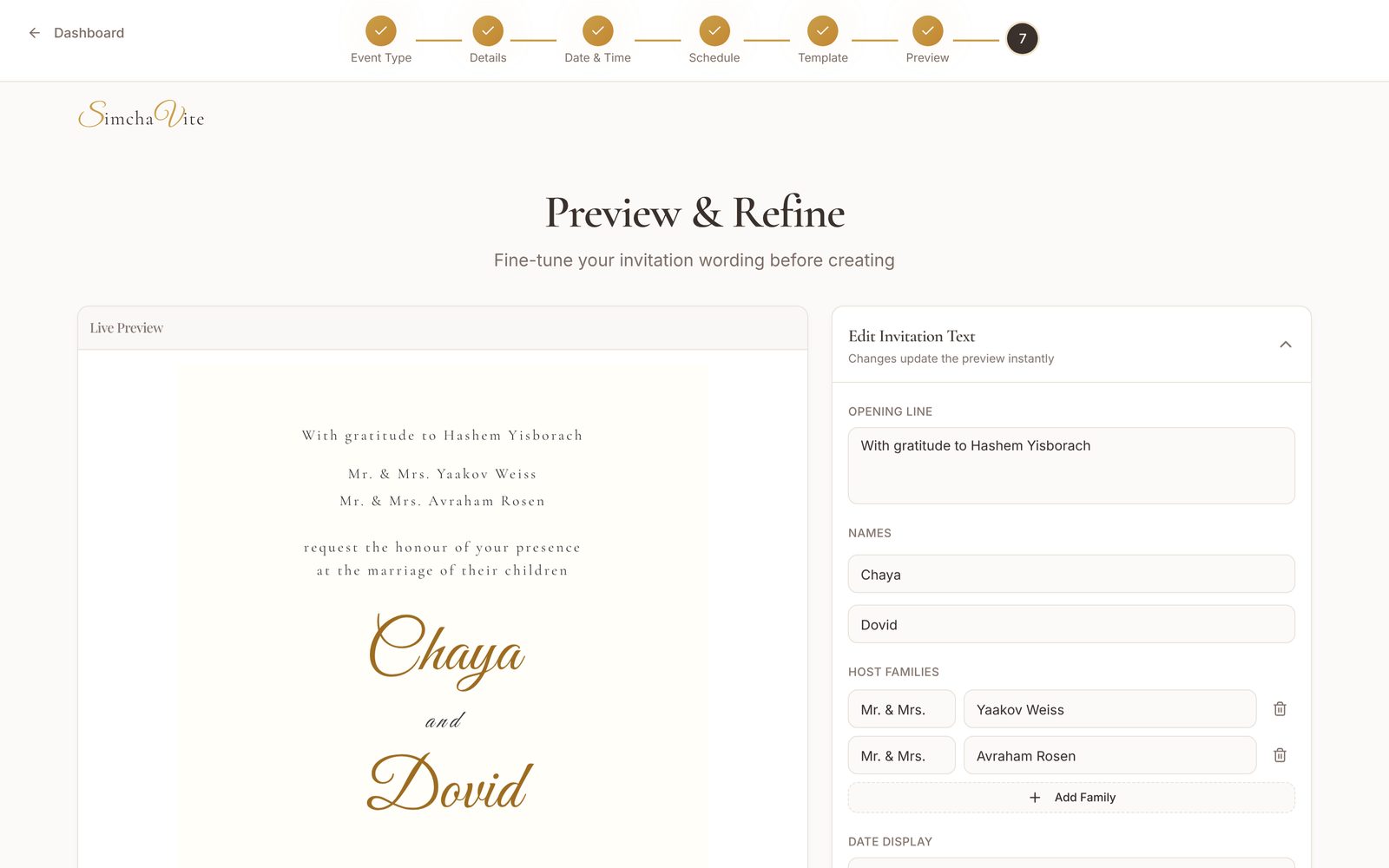 Preview and refine the invitation wording