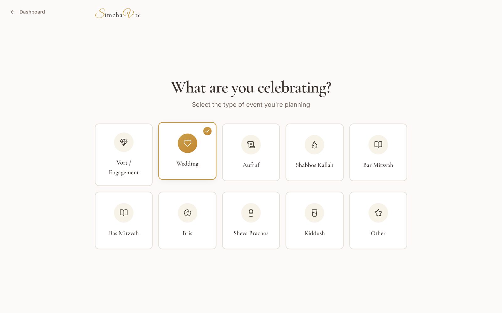 Create an event: What are you celebrating? Wedding selected
