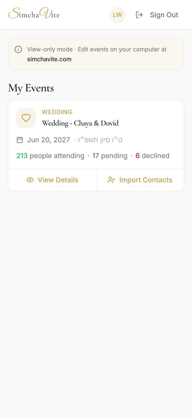 The app: My Events, Wedding - Chaya & Dovid, 213 people attending