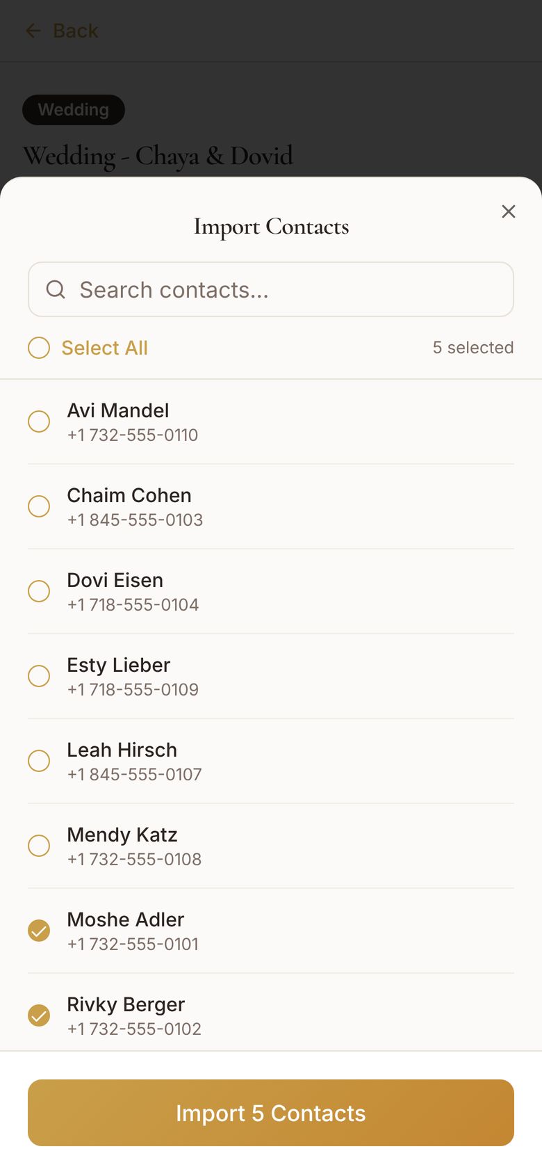The app: 5 contacts selected, Import 5 Contacts