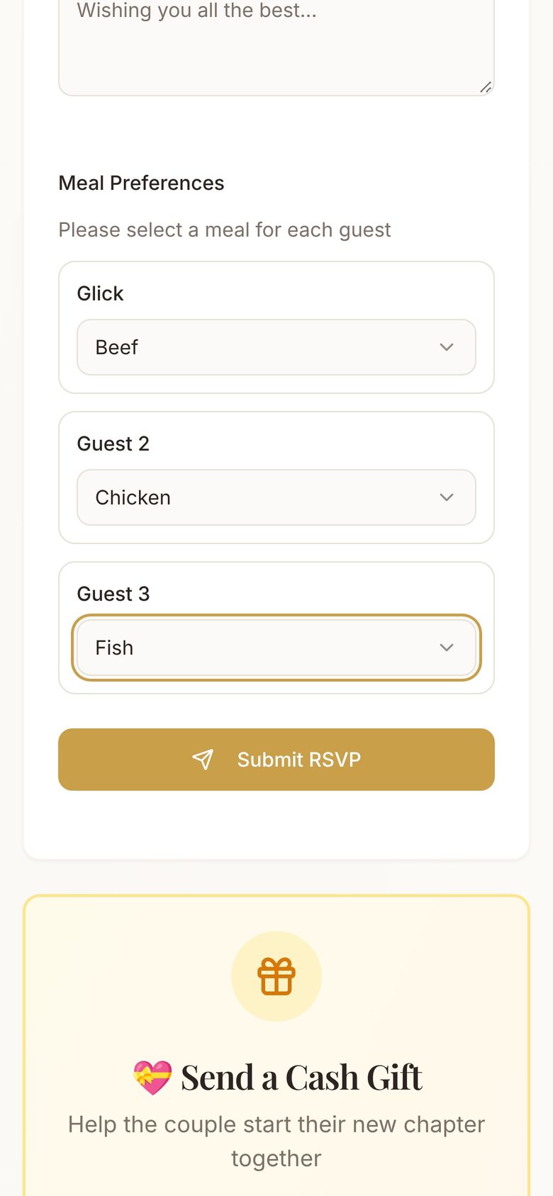 Meal preferences: Beef, Chicken, Fish