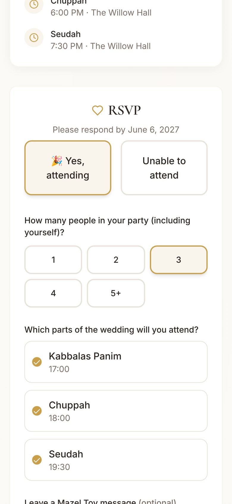 RSVP: Yes, attending, party of 3